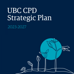 UBC CPD Strategic Plan 2023-2027 cover, UBC dark blue with title and a loosely hand-drawn graphic of growing plants