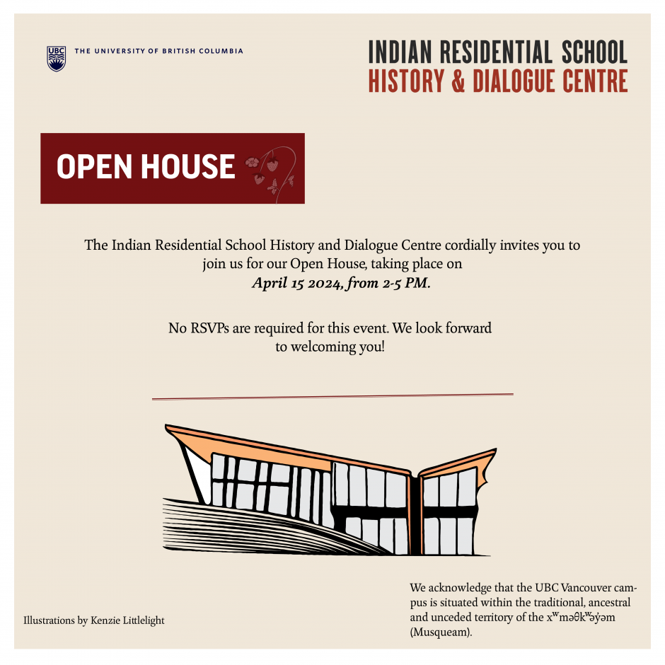 A poster of the Indian Residential School History & Dialogue Centre’s Open House event. Illustration by Kenzie Littlelight. 